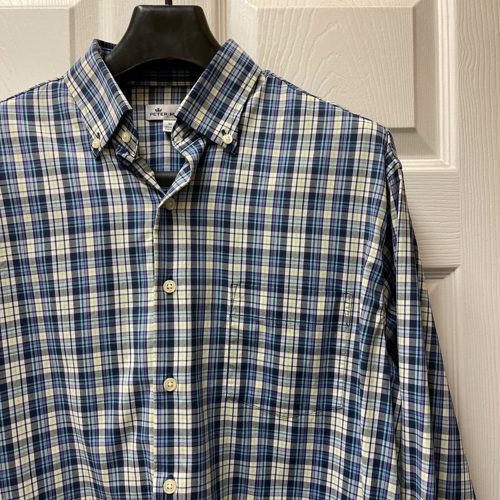 Peter Millar Men's Sz Medium Blue & White Plaid Button Up Nylon/Spandex Blend